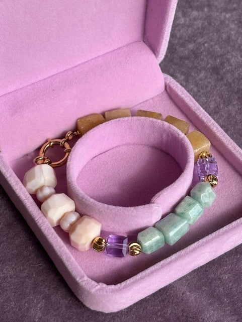 Bracelet ''Ibiza'' REAL gems: Yellow jade,Amazonite,pink opal,Swarovski