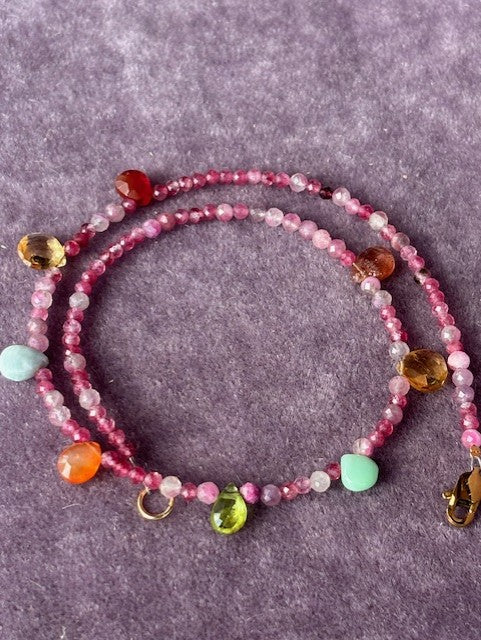 Necklace ''Tear drops rainbow'' REAL gems: Tourmaline,citrine,carnelian,peridot,amazonite ,goldplated