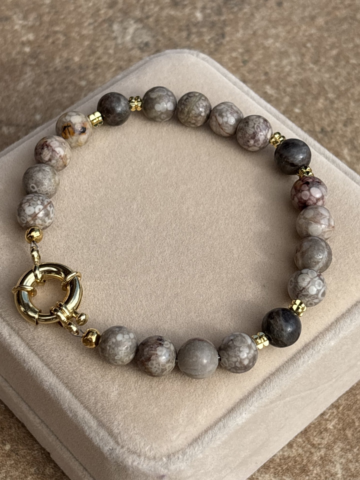 Bracelet ''soft grey'' REAL gems: Maifanite ,labradorite,gold plated