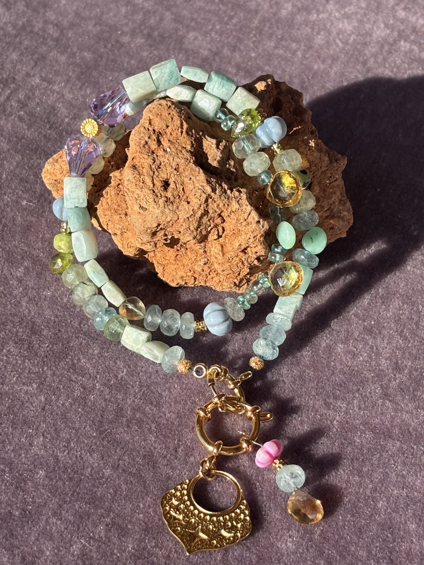Necklace “Lagoon” REAL gems: Amazonite•Fluorite•Prehnite•Citrine•Serpentine•Peridot•Gold plated