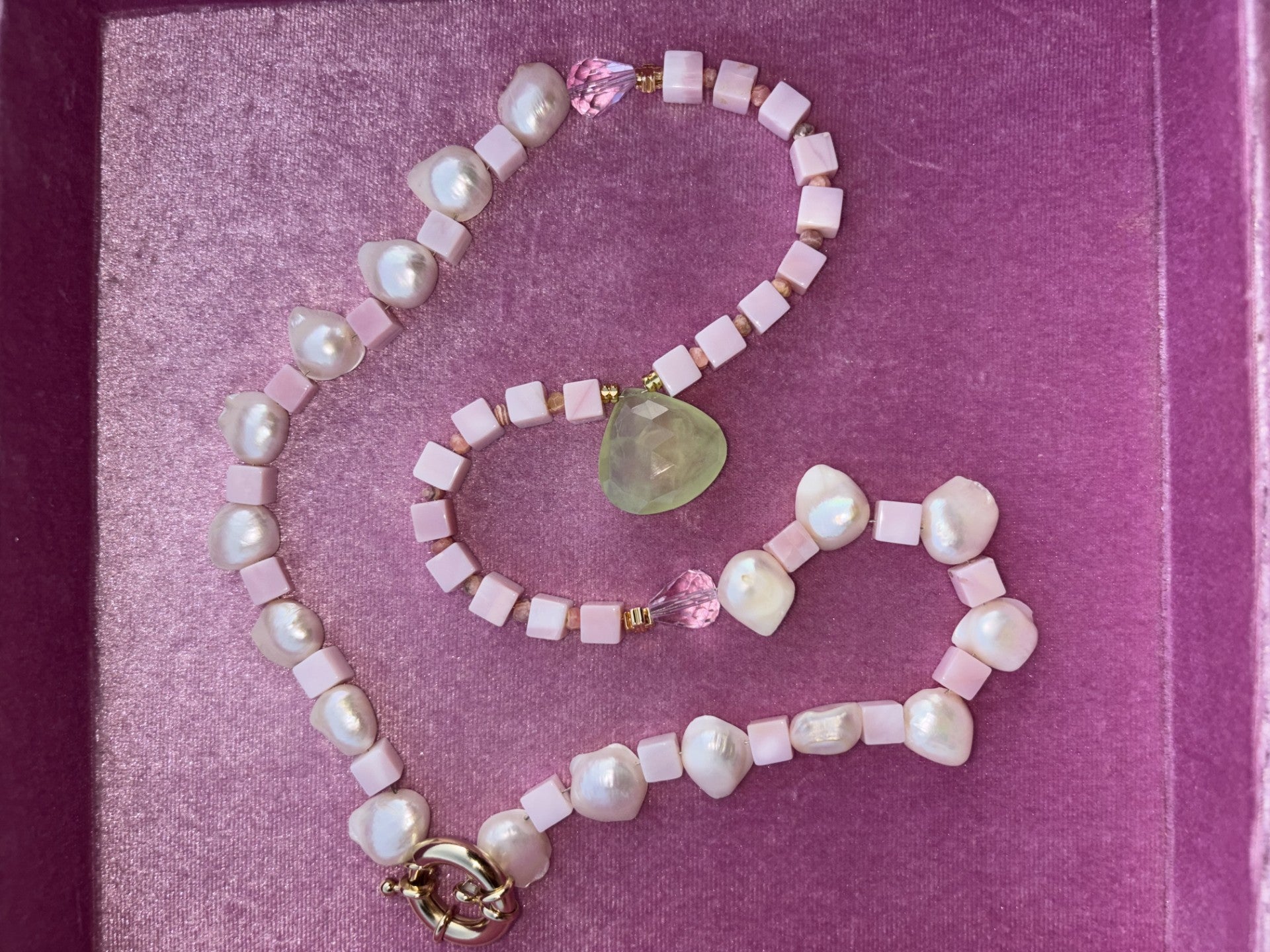 Necklace “Sweet pearl''REAL gems: Prehnite , pearls ,Swarovski,pink opal