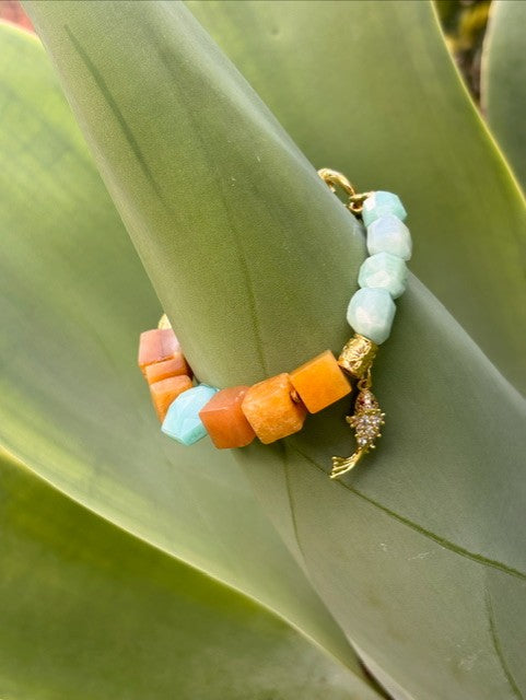 Bracelet ''Egypt'' REAL gems: Amazonite,Yellow jade,zirconia,goldplated