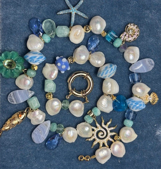 Necklace “Sicily” REAL gems: Fluorite,amazonite,pearls,zirconia and goldplated