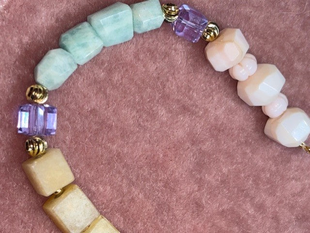 Bracelet ''Ibiza'' REAL gems: Yellow jade,Amazonite,pink opal,Swarovski