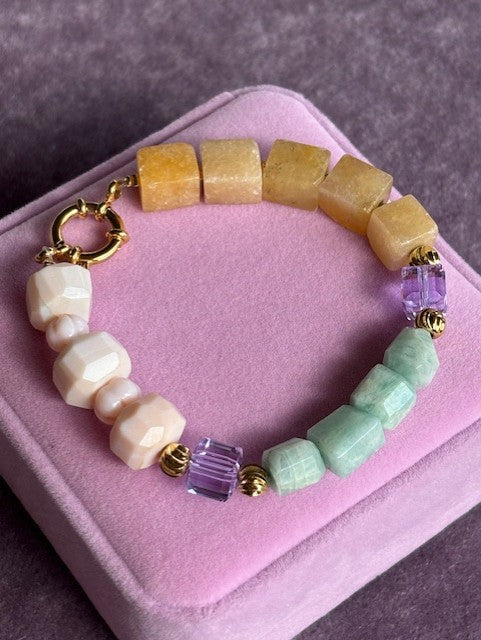 Bracelet ''Ibiza'' REAL gems: Yellow jade,Amazonite,pink opal,Swarovski