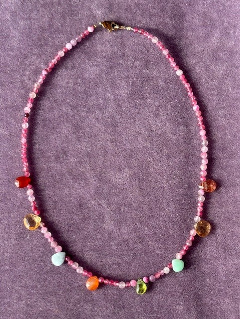 Necklace ''Tear drops rainbow'' REAL gems: Tourmaline,citrine,carnelian,peridot,amazonite ,goldplated