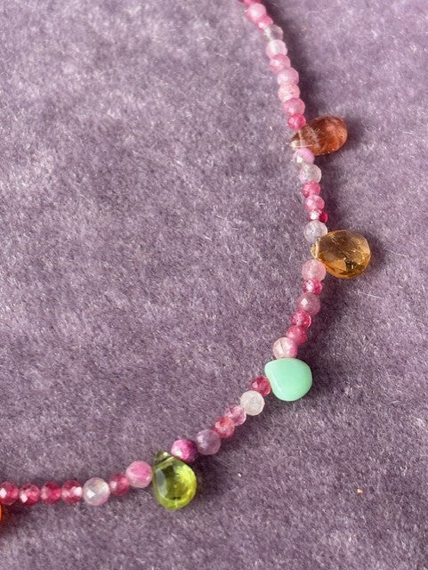 Necklace ''Tear drops rainbow'' REAL gems: Tourmaline,citrine,carnelian,peridot,amazonite ,goldplated
