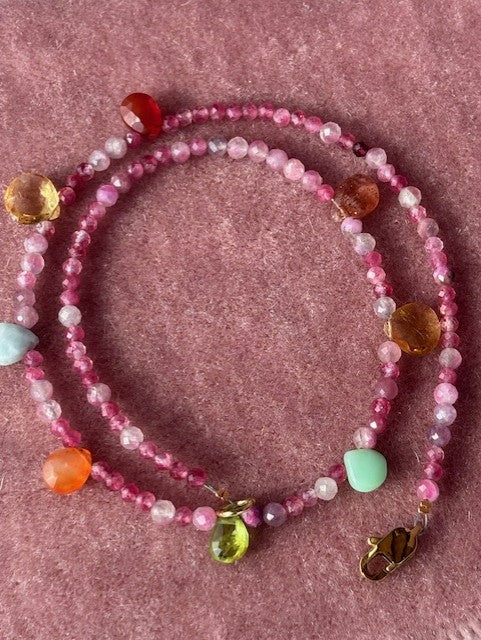Necklace ''Tear drops rainbow'' REAL gems: Tourmaline,citrine,carnelian,peridot,amazonite ,goldplated
