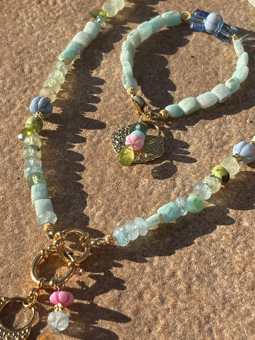 Necklace “Lagoon” REAL gems: Amazonite•Fluorite•Prehnite•Citrine•Serpentine•Peridot•Gold plated