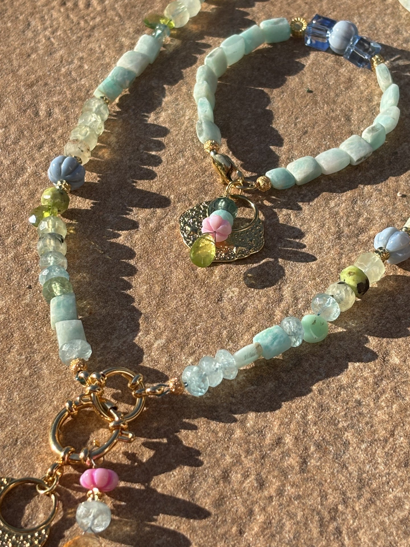 Necklace “Lagoon” REAL gems: Amazonite•Fluorite•Prehnite•Citrine•Serpentine•Peridot•Gold plated