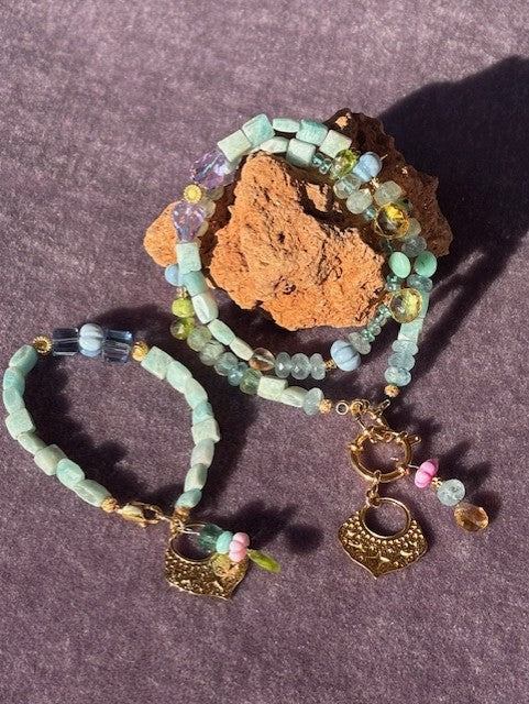Bracelet ''Lagoon'' REAL gems: Amazonite,Swarovski,Laceagate,goldplated