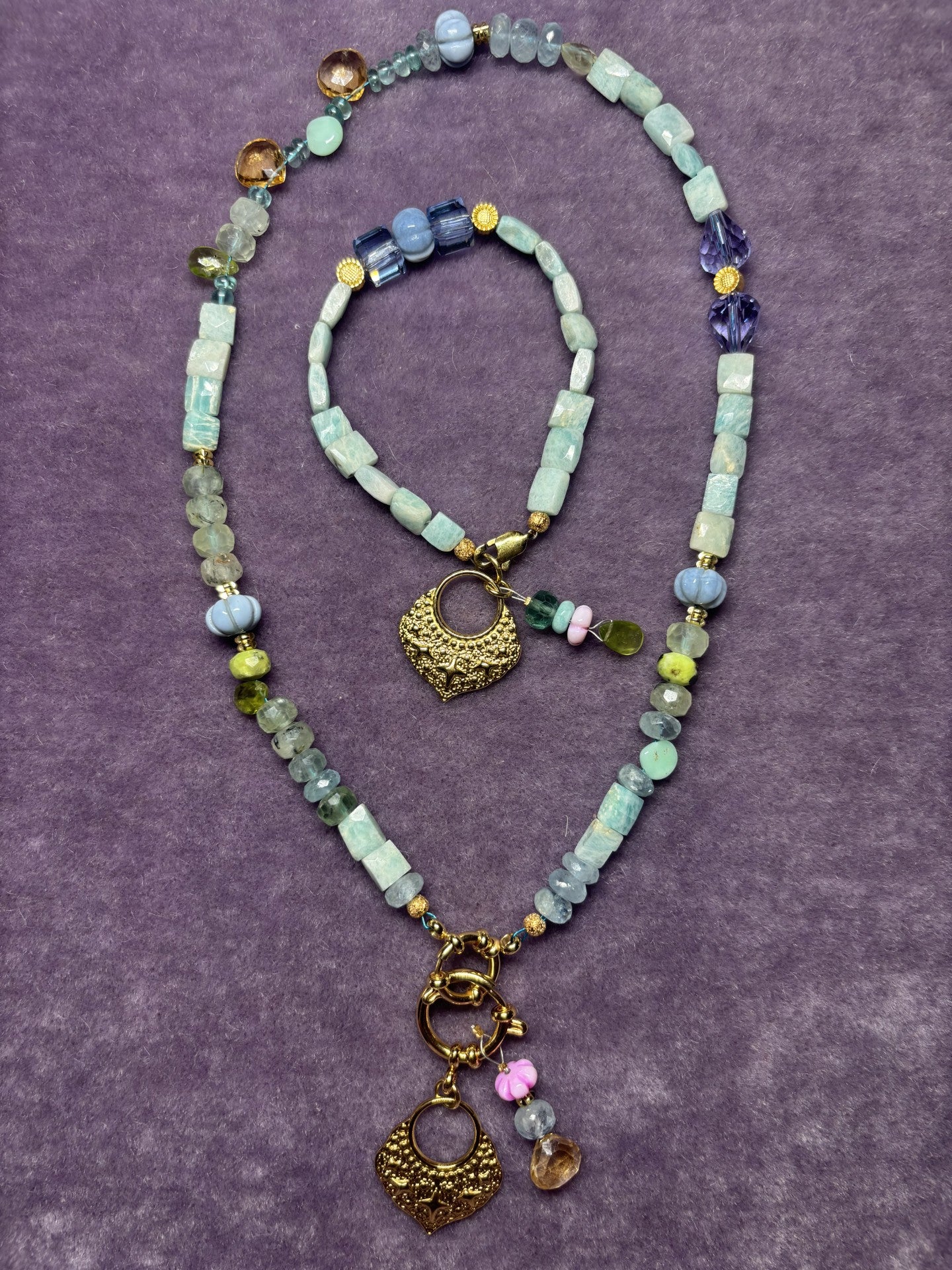 Necklace “Lagoon” REAL gems: Amazonite•Fluorite•Prehnite•Citrine•Serpentine•Peridot•Gold plated