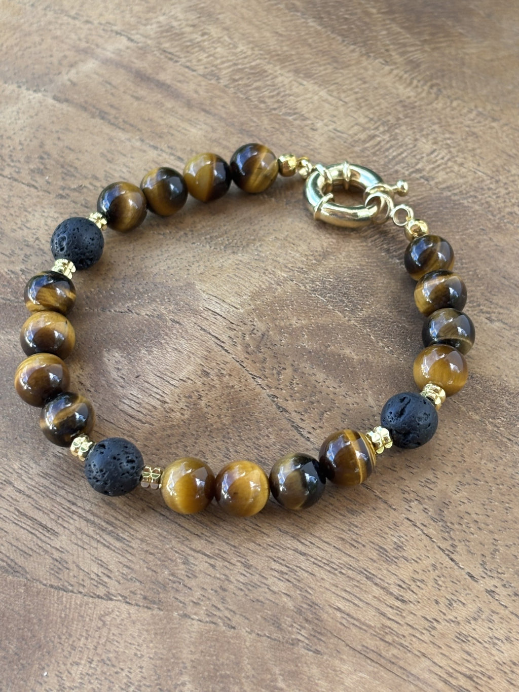 Bracelet ''Tiger eye'' REAL gems: lavastone,tigereye,goldplated