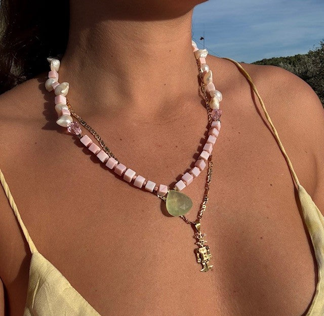 Necklace “Sweet pearl''REAL gems: Prehnite , pearls ,Swarovski,pink opal