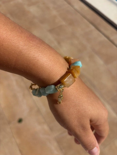Bracelet ''Egypt'' REAL gems: Amazonite,Yellow jade,zirconia,goldplated