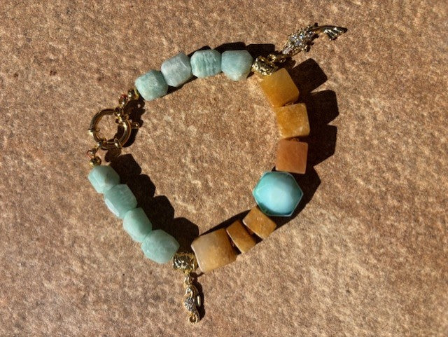 Bracelet ''Egypt'' REAL gems: Amazonite,Yellow jade,zirconia,goldplated